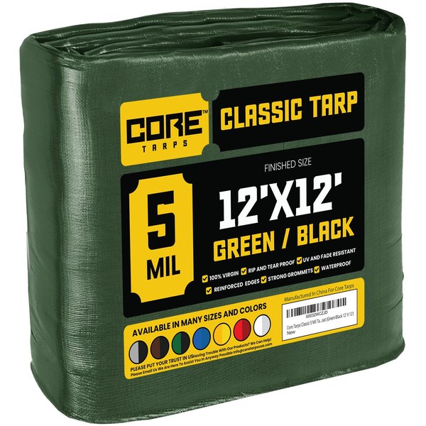 Core Tarps 12 ft L x 0.5 mm H x 12 ft W 5 Mil Tarp, Green/Black, Polyethylene CT-503-12X12